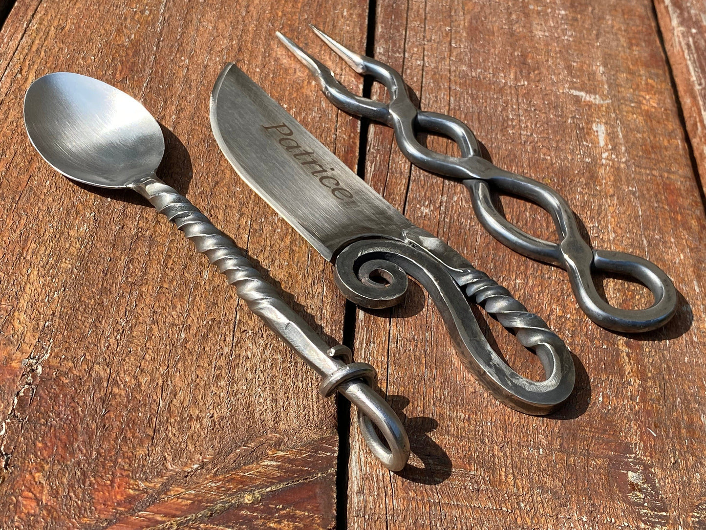 Stainless steel, flatware, cutlery, BBQ fork, fork, spoon, knife, medieval, barbeque, camping, hiking, travelers gift, birthday, anniversary