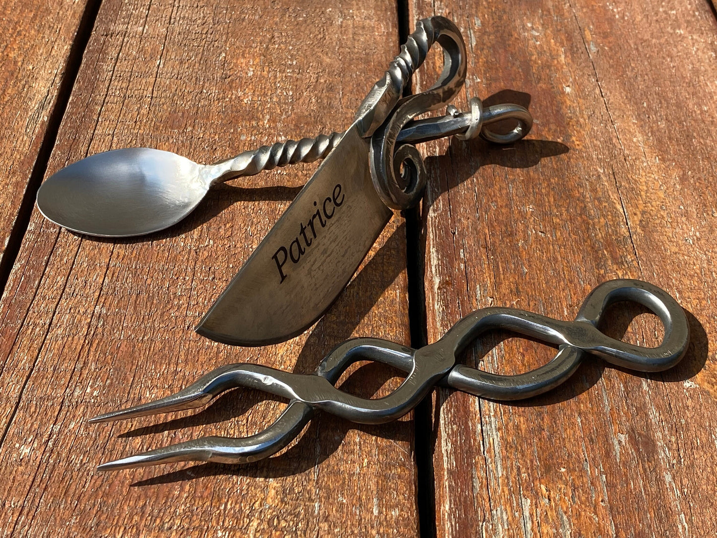 Stainless steel, flatware, cutlery, BBQ fork, fork, spoon, knife, medieval, barbeque, camping, hiking, travelers gift, birthday, anniversary