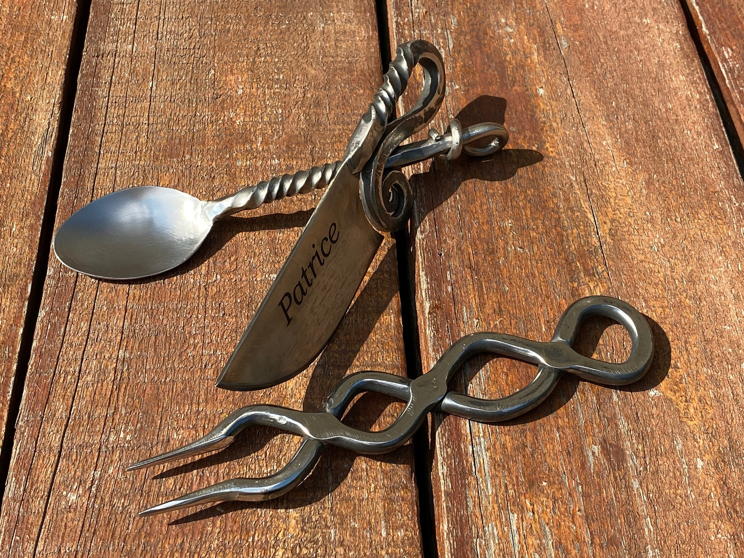 Stainless steel, flatware, cutlery, BBQ fork, fork, spoon, knife, medieval, barbeque, camping, hiking, travelers gift, birthday, anniversary