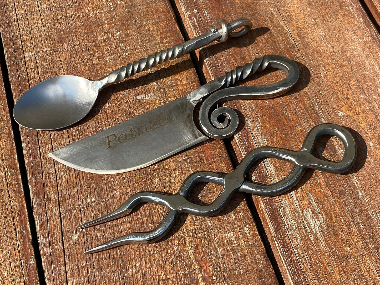 Stainless steel, flatware, cutlery, BBQ fork, fork, spoon, knife, medieval, barbeque, camping, hiking, travelers gift, birthday, anniversary