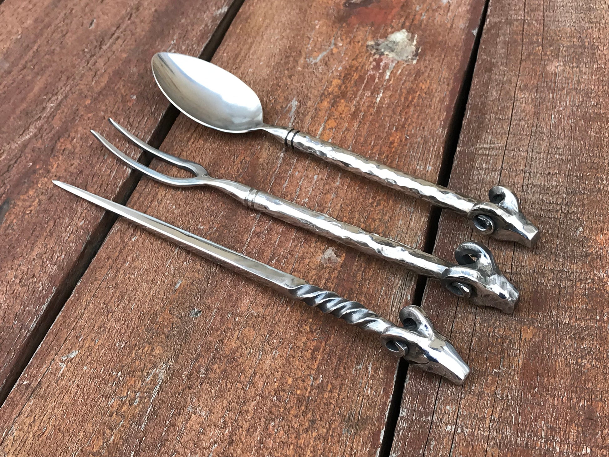 Stainless steel, cutlery, medieval, ram, fork, spoon, picker, dinner set, rustic kitchen, BBQ, grill, medieval cutlery, reenactment, viking