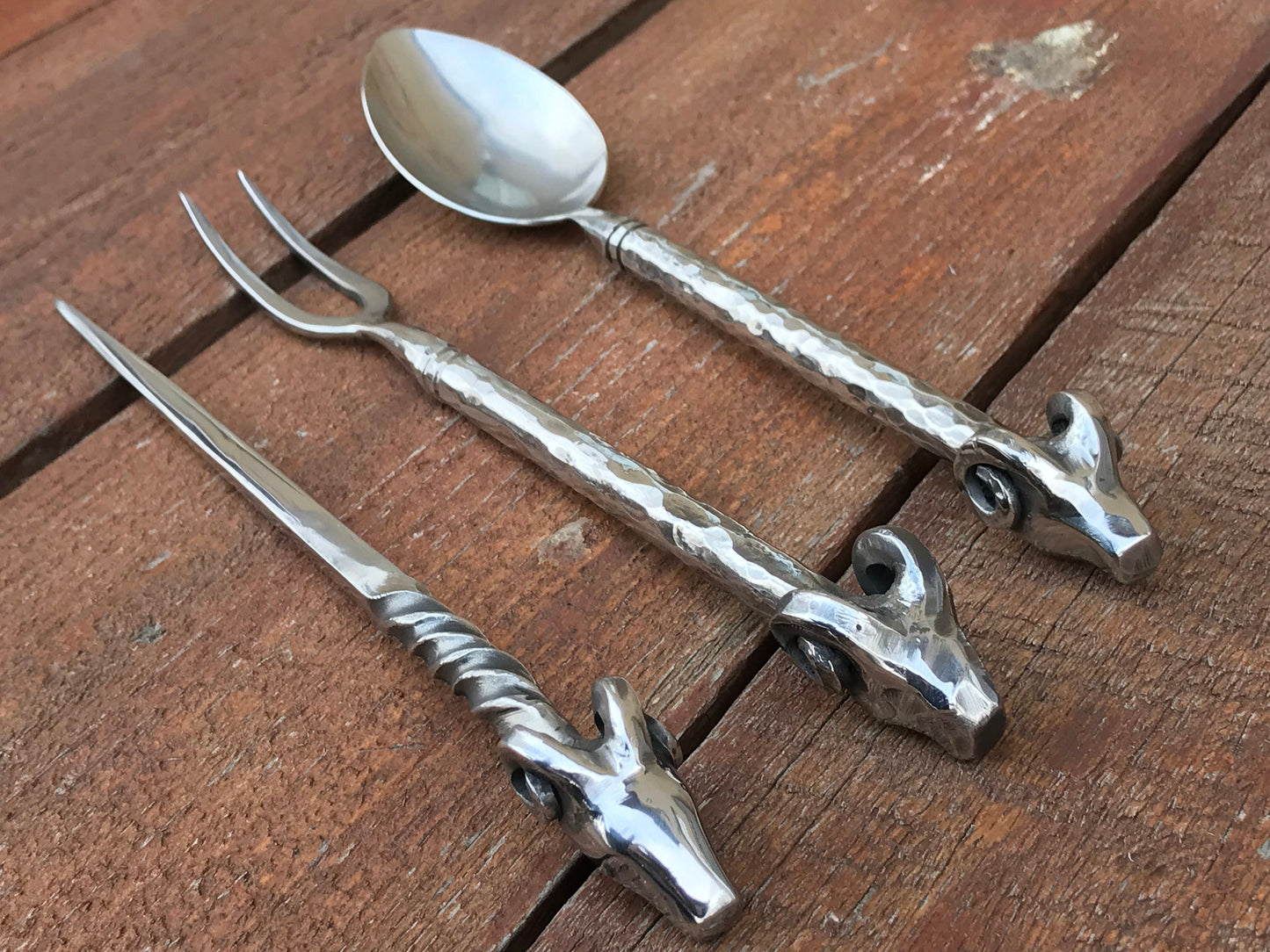 Stainless steel, cutlery, medieval, ram, fork, spoon, picker, dinner set, rustic kitchen, BBQ, grill, medieval cutlery, reenactment, viking