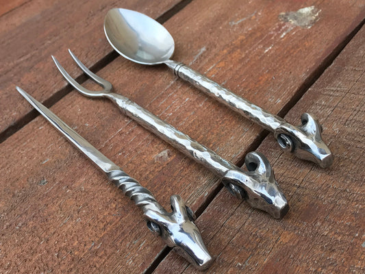 Stainless steel, cutlery, medieval, ram, fork, spoon, picker, dinner set, rustic kitchen, BBQ, grill, medieval cutlery, reenactment, viking
