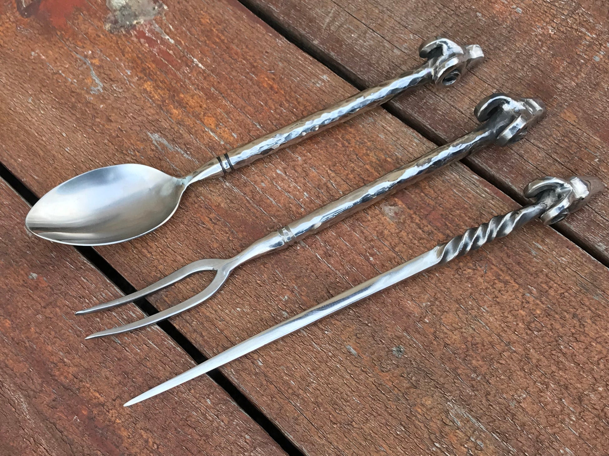 Stainless steel, cutlery, medieval, ram, fork, spoon, picker, dinner set, rustic kitchen, BBQ, grill, medieval cutlery, reenactment, viking