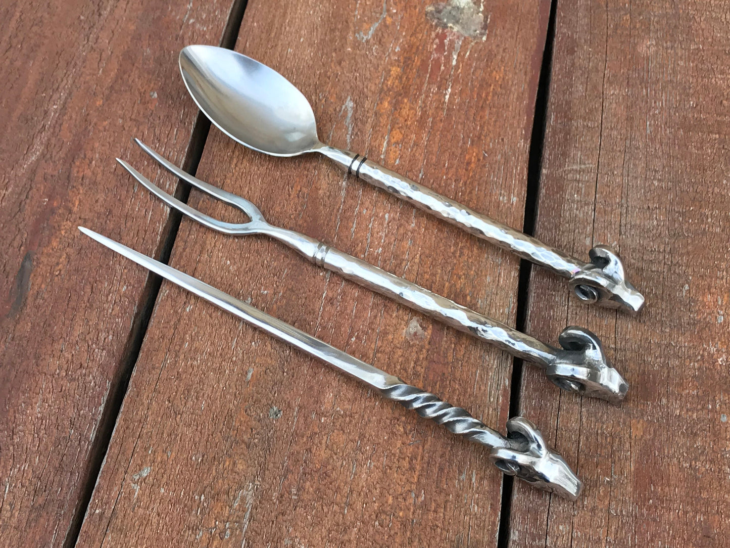 Stainless steel, cutlery, medieval, ram, fork, spoon, picker, dinner set, rustic kitchen, BBQ, grill, medieval cutlery, reenactment, viking