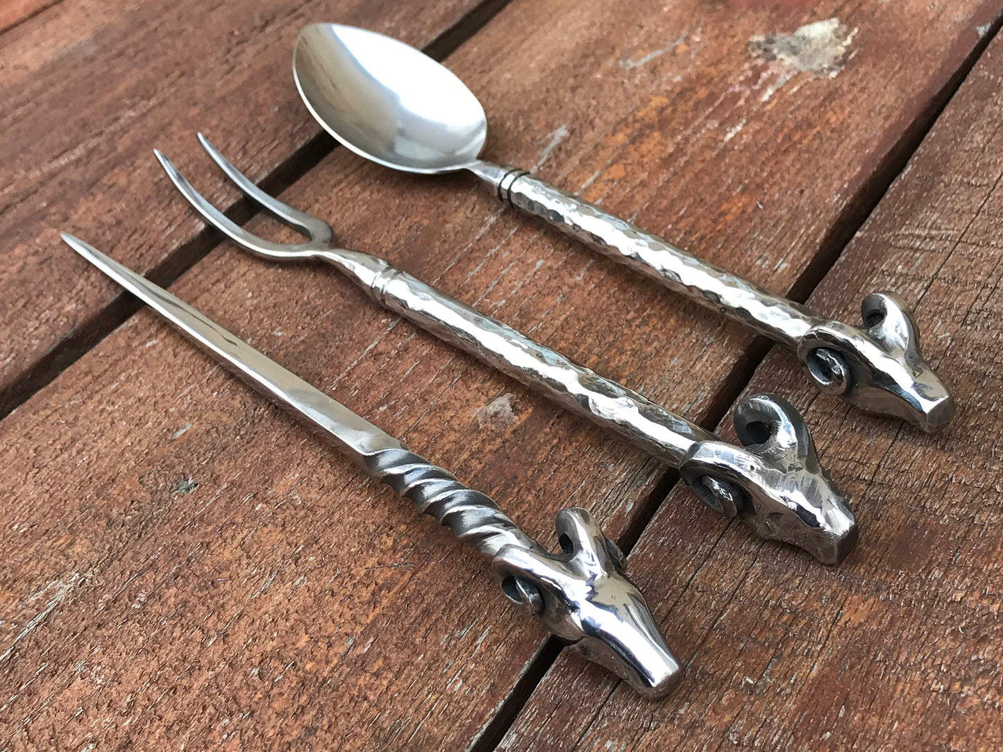 Stainless steel, cutlery, medieval, ram, fork, spoon, picker, dinner set, rustic kitchen, BBQ, grill, medieval cutlery, reenactment, viking