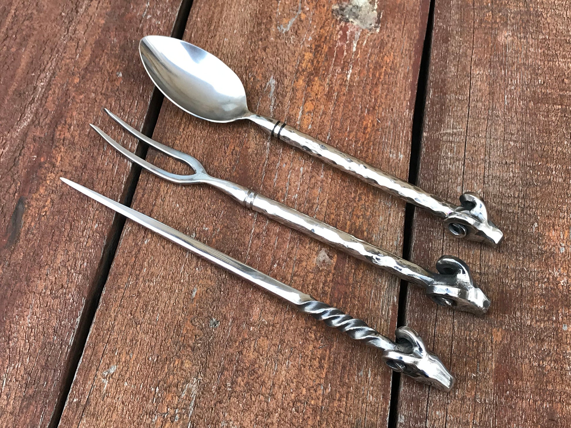 Stainless steel, cutlery, medieval, ram, fork, spoon, picker, dinner set, rustic kitchen, BBQ, grill, medieval cutlery, reenactment, viking