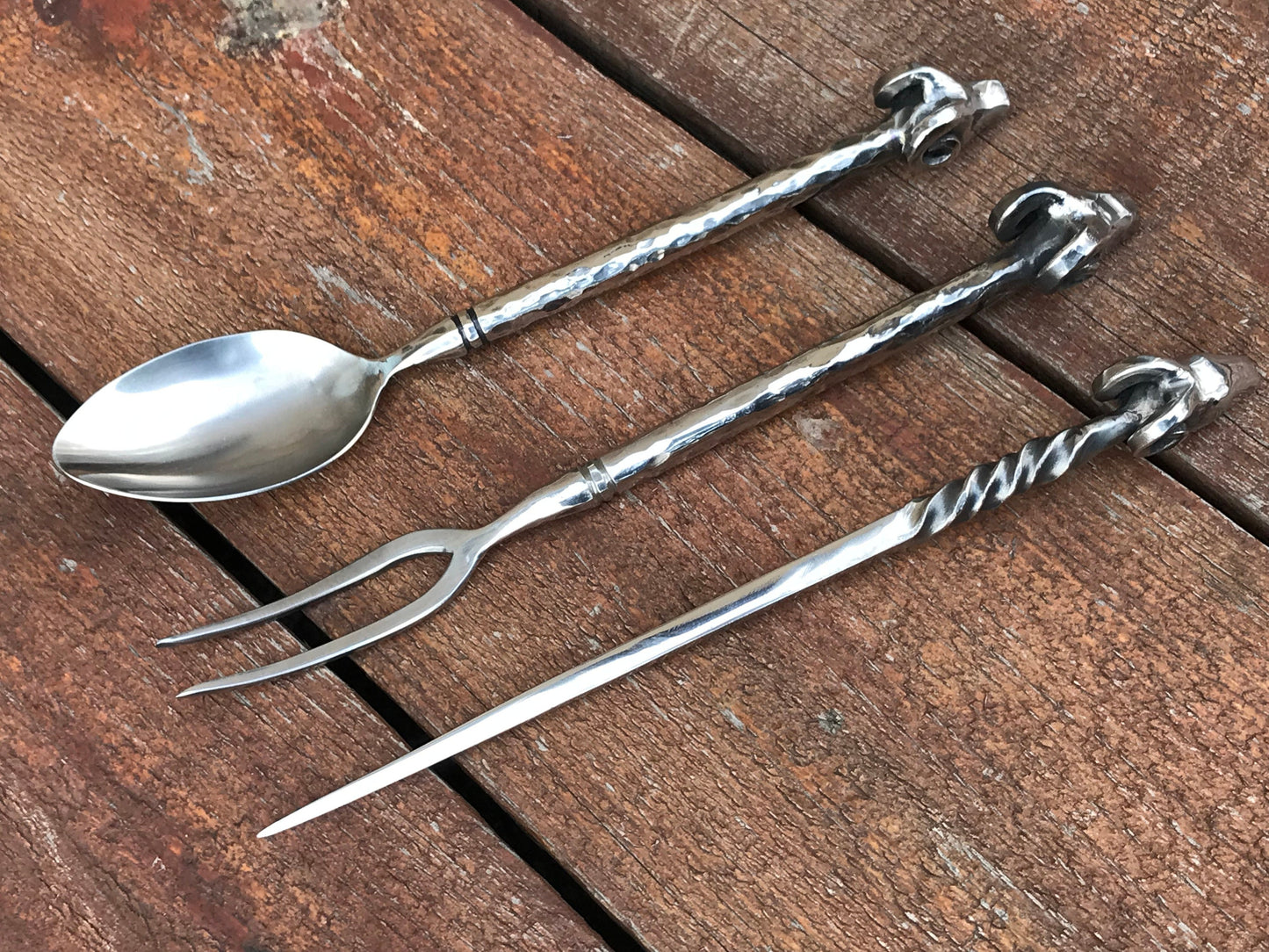 Stainless steel, cutlery, medieval, ram, fork, spoon, picker, dinner set, rustic kitchen, BBQ, grill, medieval cutlery, reenactment, viking