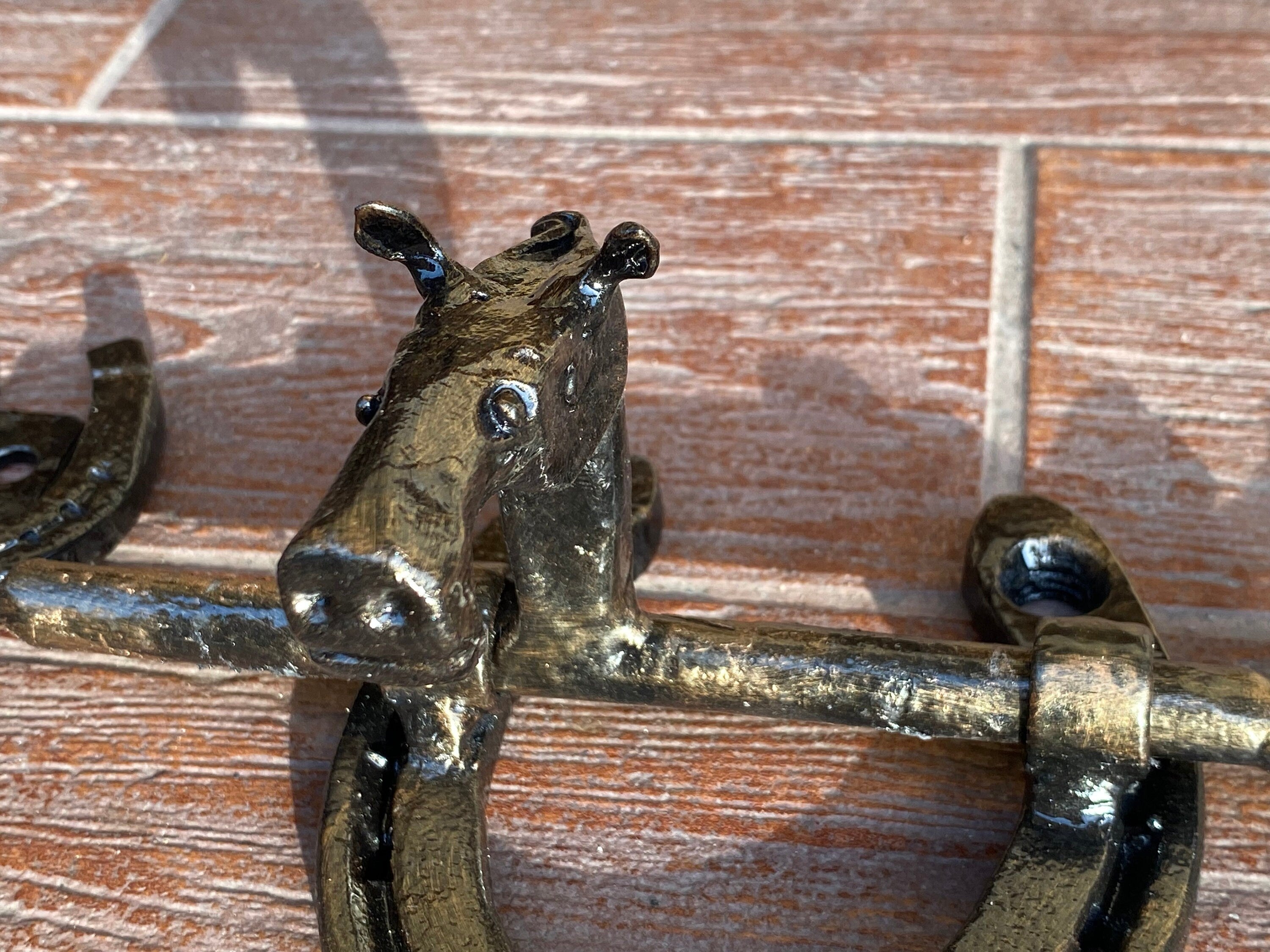 Pair or 2 pcs Vintage Farm HORSE Head Gate sold CAGE Main Door Antique Solid Brass Handle Pulls P135