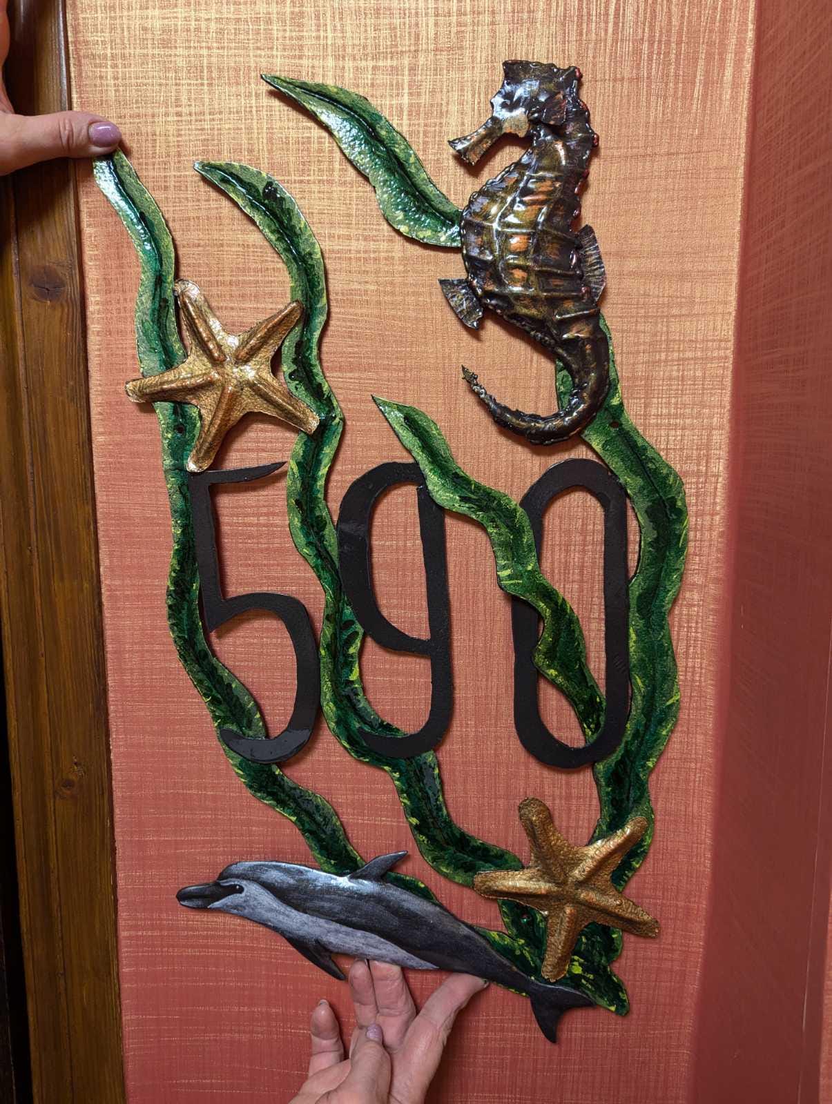 House number plaque, house numbers, house number sign, nautical, plaque, sign, dolphin, seahorse, seastar, address number sign, address sign