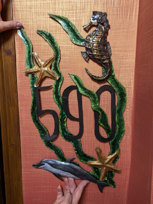 House number plaque, house numbers, house number sign, nautical, plaque, sign, dolphin, seahorse, seastar, address number sign, address sign