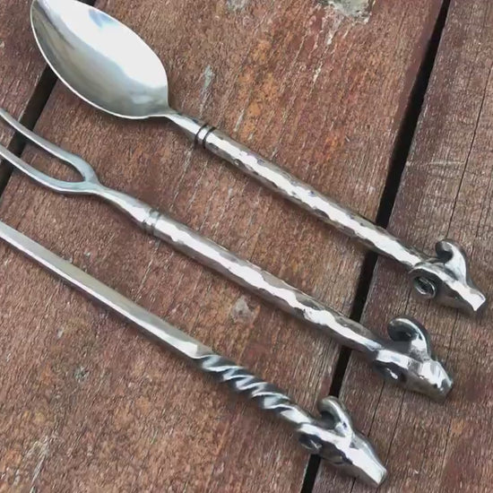 Stainless steel, cutlery, medieval, ram, fork, spoon, picker, dinner set, rustic kitchen, BBQ, grill, medieval cutlery, reenactment, viking