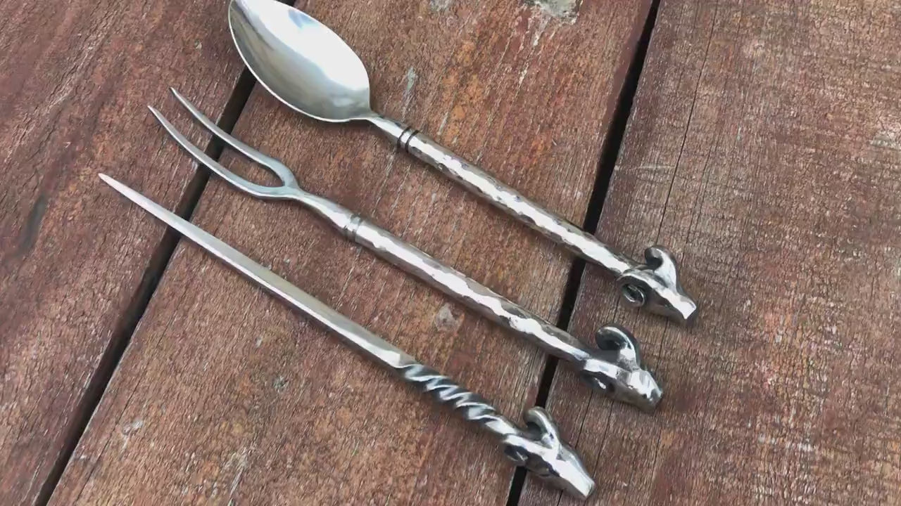 Stainless steel, cutlery, medieval, ram, fork, spoon, picker, dinner set, rustic kitchen, BBQ, grill, medieval cutlery, reenactment, viking