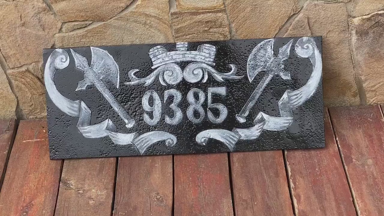 House number plaque, medieval, castle, renovation, house number sign, street number, Christmas, anniversary, birthday, garden, axe, viking