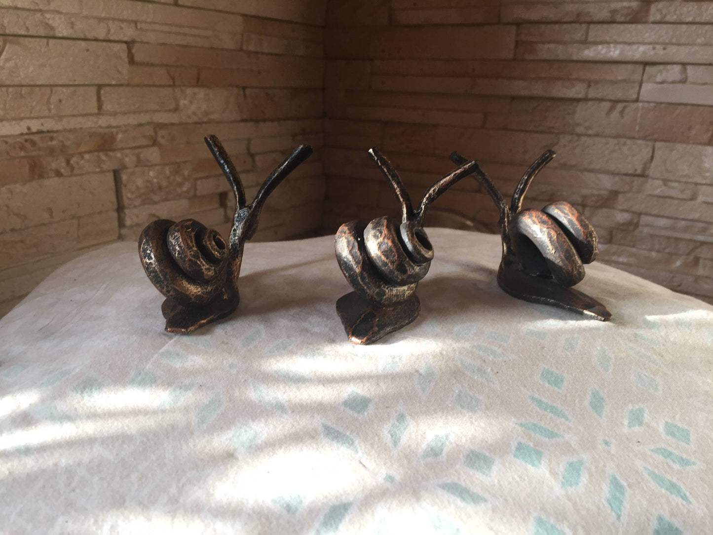 A set of 3 hand forged snails, metal sculpture, metal statue, metal statuette, snail sculpture,figurine, miniature statuette, snail figurine