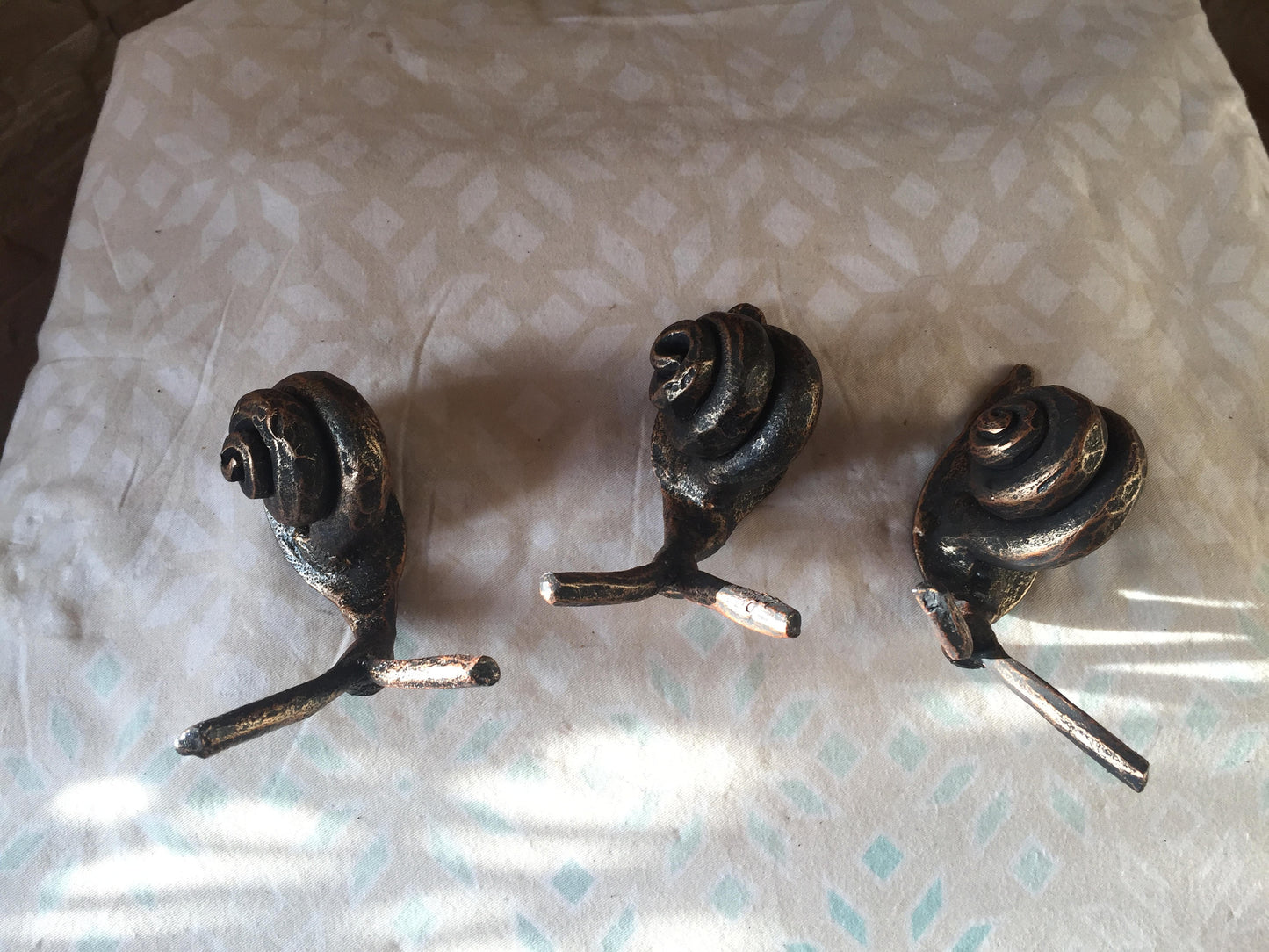 A set of 3 hand forged snails, metal sculpture, metal statue, metal statuette, snail sculpture,figurine, miniature statuette, snail figurine