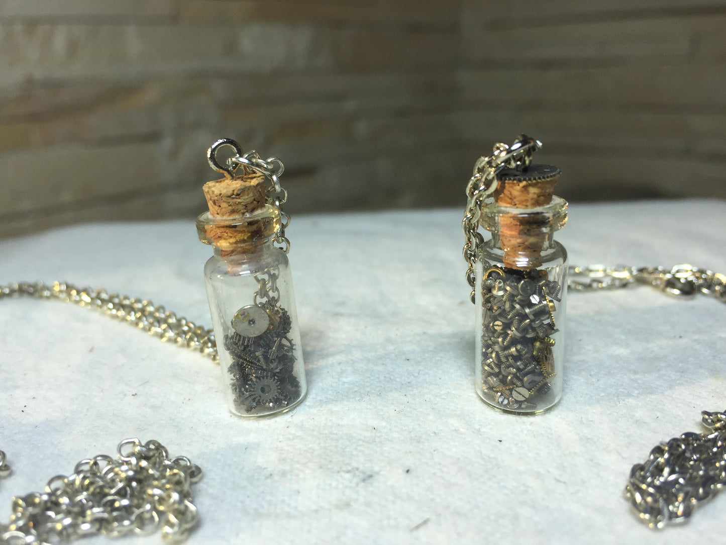 Two steampunk gear bottle necklaces, steampunk pendant, vial pendant, steampunk glass vial, steampunk bottle, steampunk necklace,micro gears