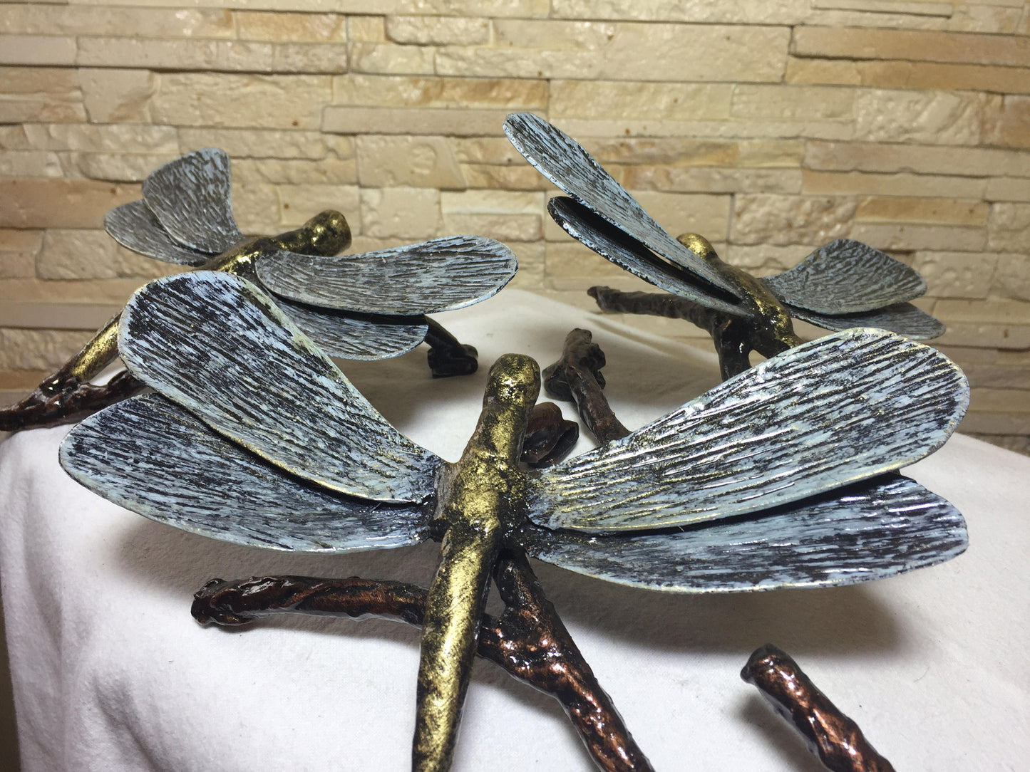 Three metal dragonflies, dragonfly, dragonfly figurine, metal statue, metal statuette, insect figurine, miniature statuette, dragonfly decor