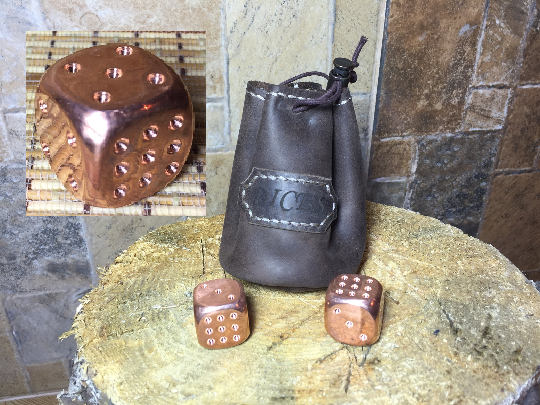 Copper dice set in a leather bag, metal dice, gambling dice, gaming dice, custom dice, iron dice,groomsman gift,steel dice,role playing game