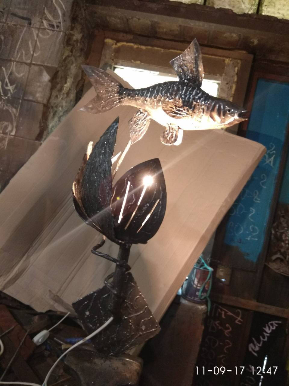 Wall lamp, hand forged lamp, forged lantern, porch lamp, art lamp, night lamp, rustic decor, fish lover gift,metal fish decor,metal fish art