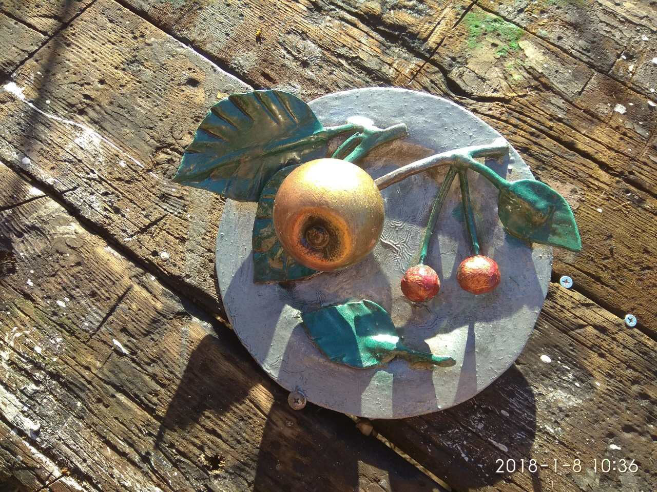Metal sculpture, metal art work, hand forged sculpture, metal apple, metal cherry, metal plate, kitchen decor, iron gift for her,metal decor