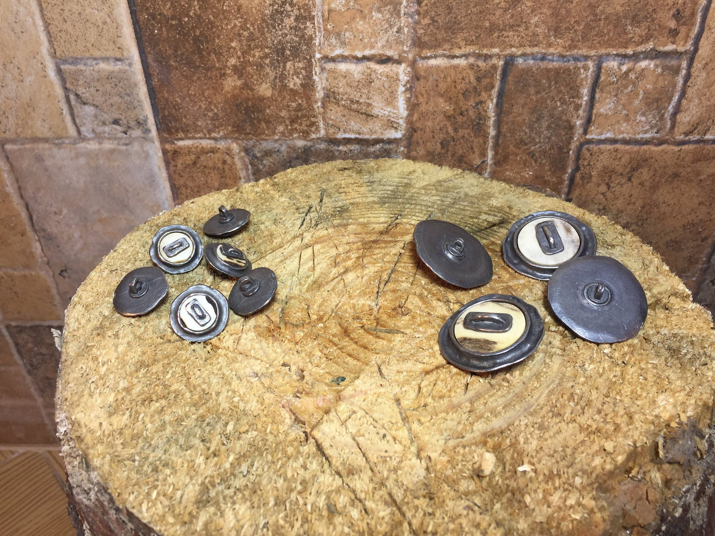 Hand forged sewing buttons, iron and bone buttons, sewing button, sewing supplies, rustic buttons, round buttons, button clasp, coat buttons