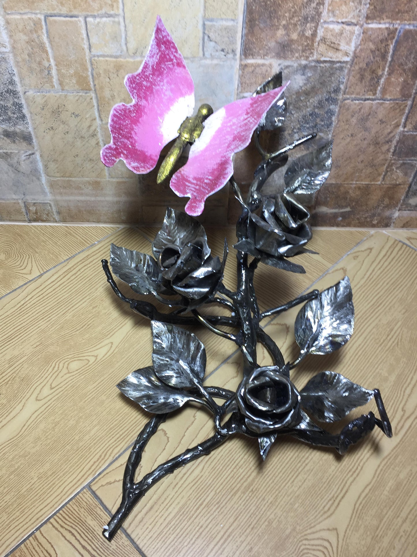Iron butterfly on iron roses, metal bouquet, iron gift, iron anniversary gift, metal sculpture, steampunk furniture, barn door handle, lily