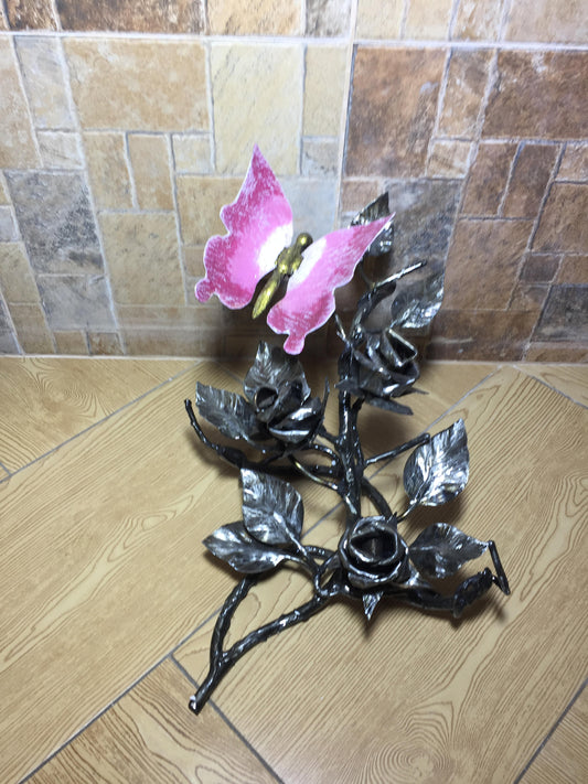 Iron butterfly on iron roses, metal bouquet, iron gift, iron anniversary gift, metal sculpture, steampunk furniture, barn door handle, lily