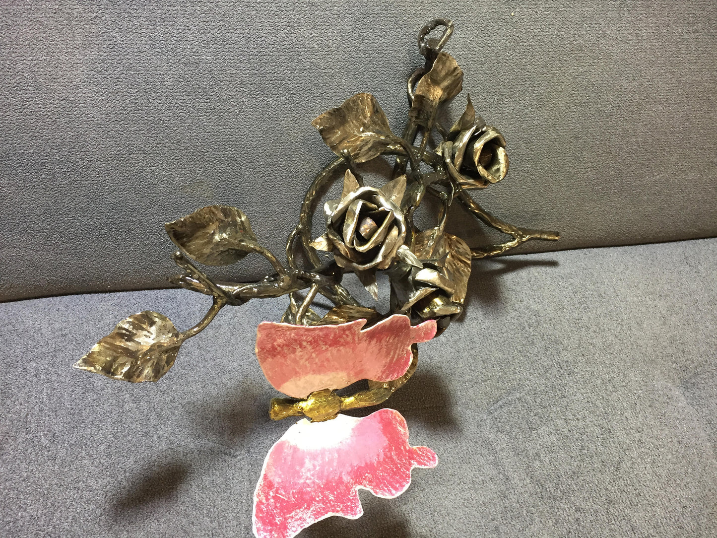 Iron butterfly on iron roses, metal bouquet, iron gift, iron anniversary gift, metal sculpture, steampunk furniture, barn door handle, lily