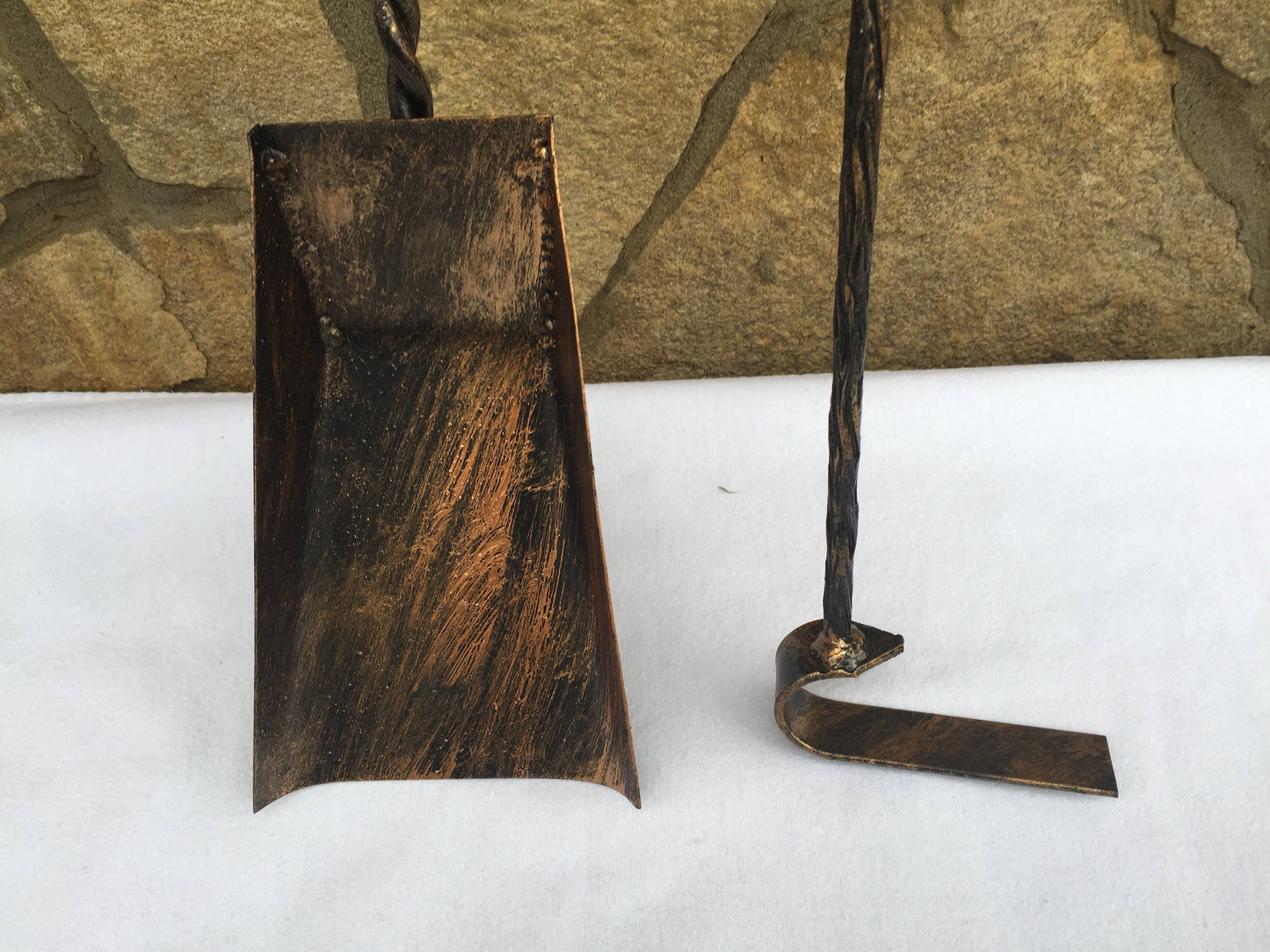 A set of fire tools, fire poker, hand forged shovel, hand forged fire poker, fireplace, fireside, wrought iron poker, log burner, hearth