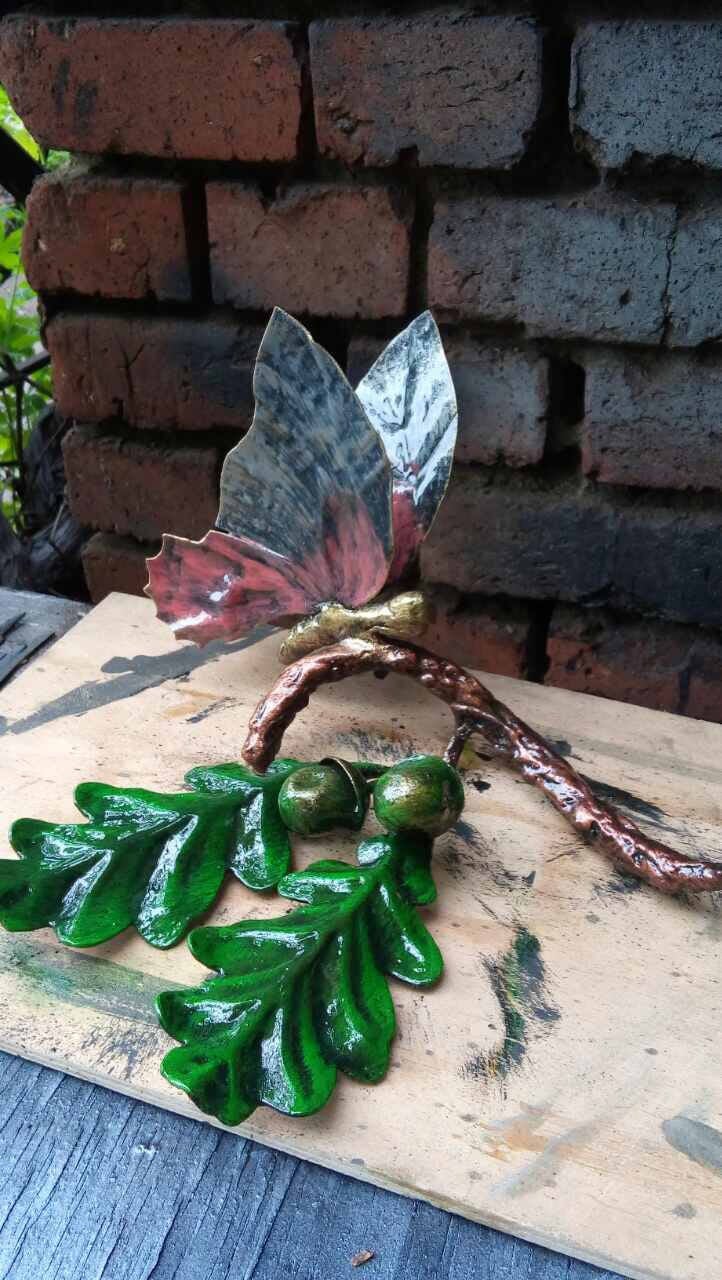 Metal butterfly on an oak branch, hand forged butterfly, metal acorn, metal oak leaf, butterfly figurine, butterfly art, butterfly gifts