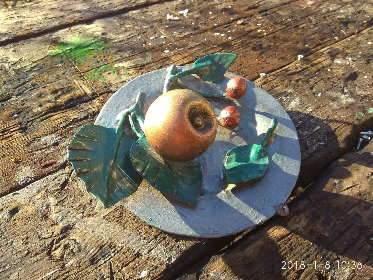 Metal sculpture, metal art work, hand forged sculpture, metal apple, metal cherry, metal plate, kitchen decor, iron gift for her,metal decor