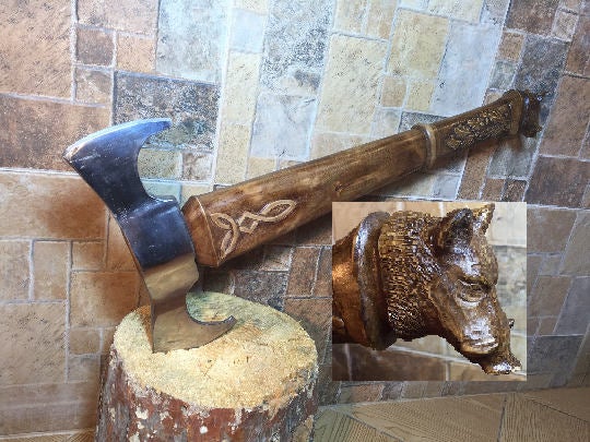 Viking axe, tomahawk, engraved axe, axe, viking hatchet, custom axe, boar, forest gift,viking style axe, woodcarving axe, battle axe,war axe