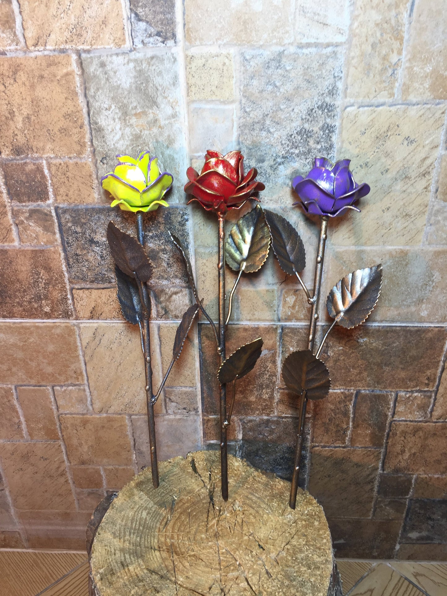 A set of three multi-color roses, 6th anniversary gift for her, iron rose, iron anniversary gift for her, iron gifts for her, iron rose