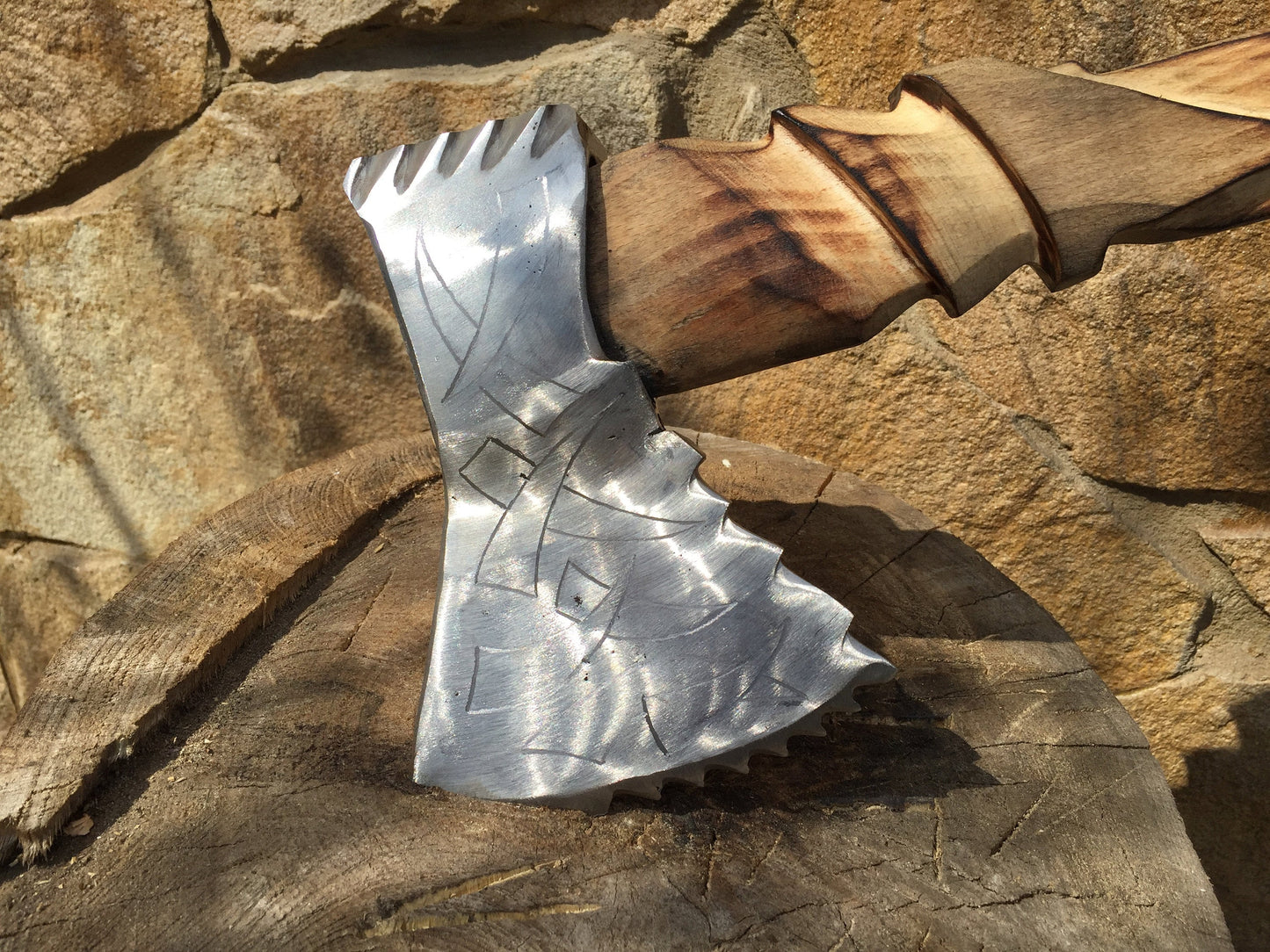 Viking axe, carving axe, carving hatchet, axe head etching, wood carving, carved wood, wood art, wood sculpture,  Damascus, felling axe, ax