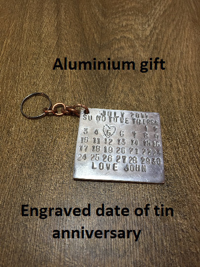 10 year anniversary, tin artwork, tin art, tin gift, gift for couple, husband gift, engraved,handstamped,wife gift,key chain,keyring,key fob