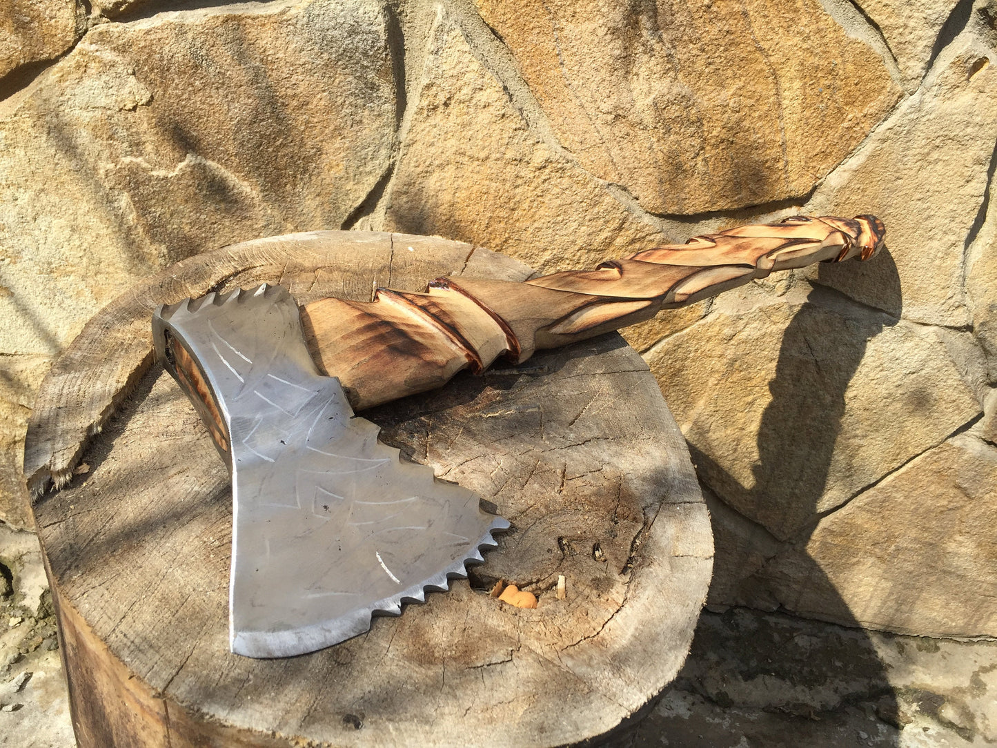 Viking axe, carving axe, carving hatchet, axe head etching, wood carving, carved wood, wood art, wood sculpture,  Damascus, felling axe, ax