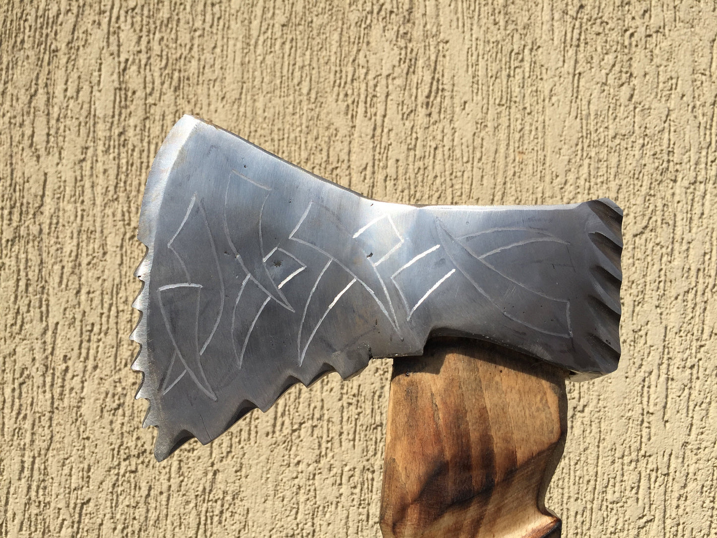 Viking axe, carving axe, carving hatchet, axe head etching, wood carving, carved wood, wood art, wood sculpture,  Damascus, felling axe, ax