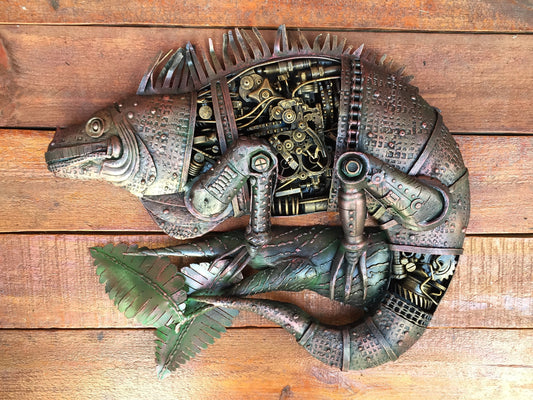 Steampunk iguana, reptile decor, steam punk, steampunk artwork, steampunk animals, industrial artwork, recycled wall art, recycled art work