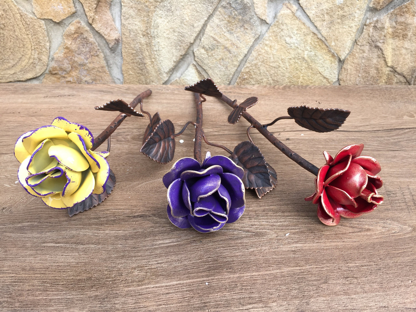 A set of three multi-color roses, 6th anniversary gift for her, iron rose, iron anniversary gift for her, iron gifts for her, iron rose