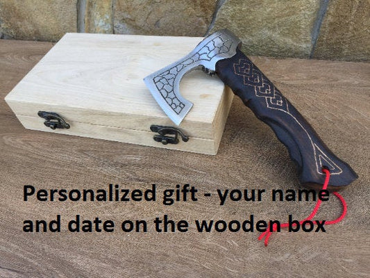 Viking axe in a wooden box, personalized gift, mens gifts, medieval axe, tomahawk, throwing axe, hatchet, personalized axe, engraved axe, ax