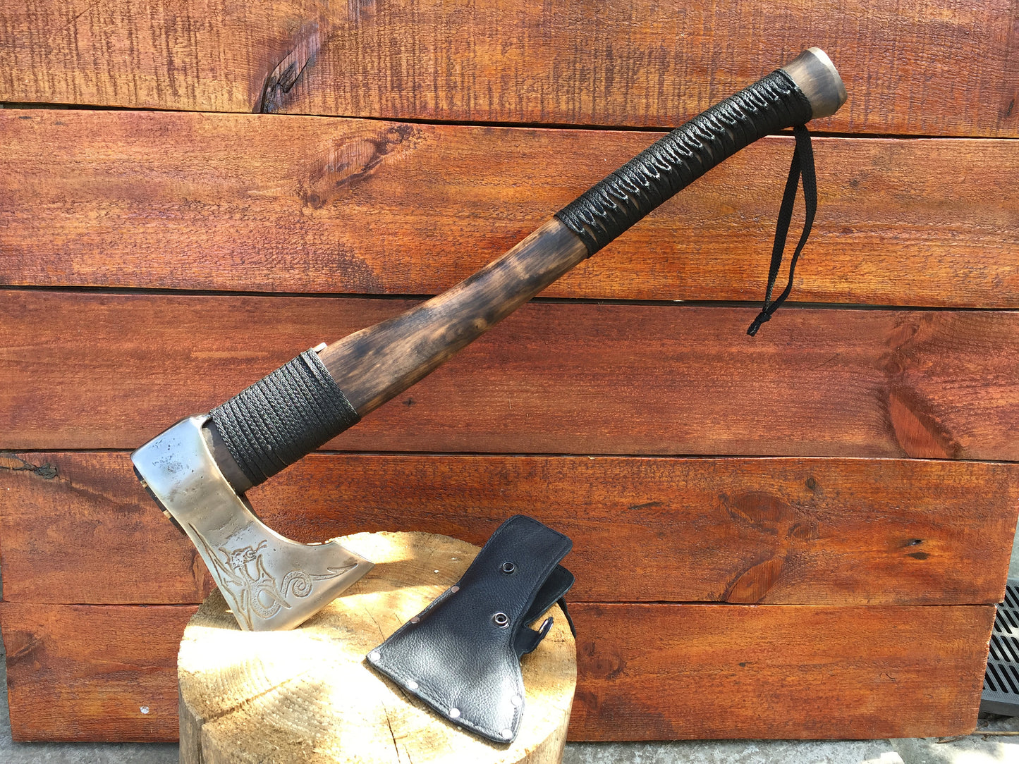 Viking axe with leather sheath, axe sheath, engraved axe, tomahawk, axe, viking hatchet, custom axe, bearded hatchet, battle axe, war axe