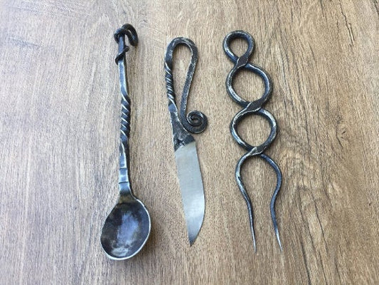 Viking cutlery set, rustic cutlery, medieval kitchen, medieval cutlery, viking, rustic kitchen,forged fork, viking decor, BBQ decor, viking