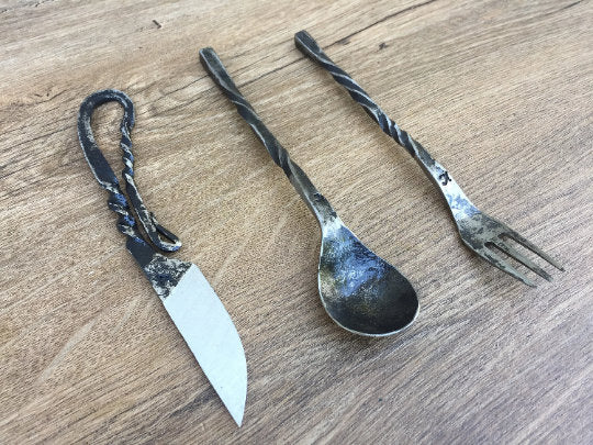 Medieval cutlery set, knife, spoon, middle ages cutlery, camp equipment, grill tools, forged flatware, forged dining set, forged fork, fork