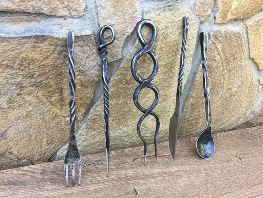 Medieval cutlery, knife, spoon, skewer, middle ages cutlery, camp equipment, grill tools, forged flatware,forged dining set,forged fork,fork