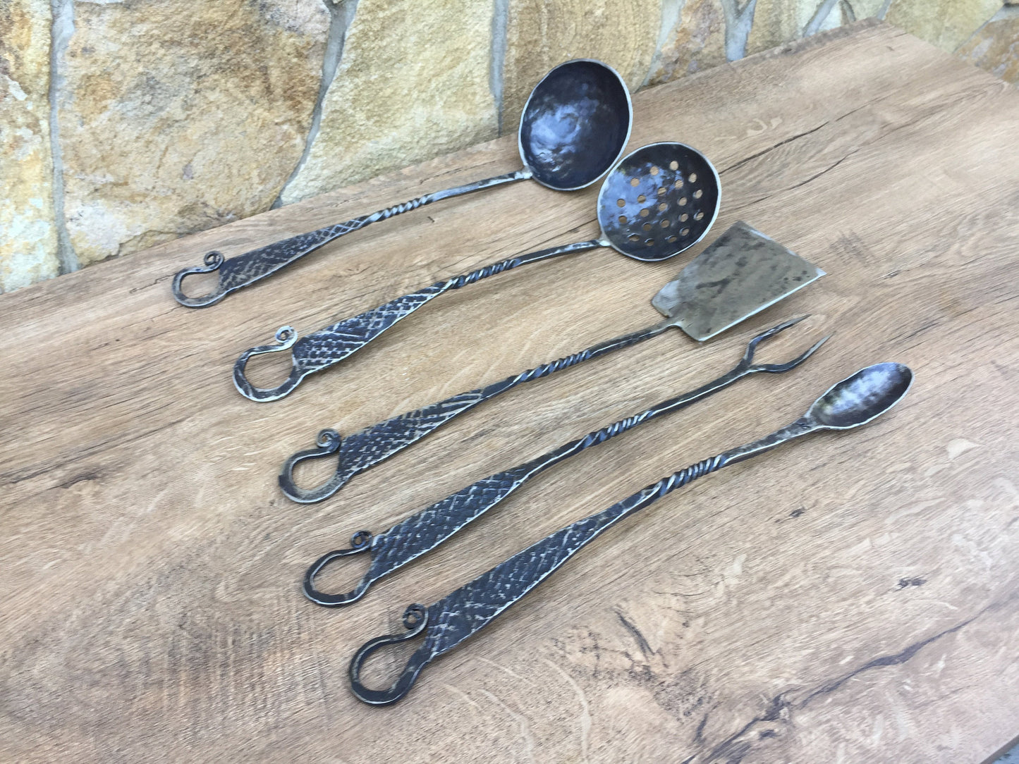 Medieval cutlery, ladle, ladle water dipper, spatula, fork, spoon, middle ages cutlery, camp equipment, serving utensils, kitchen utensils