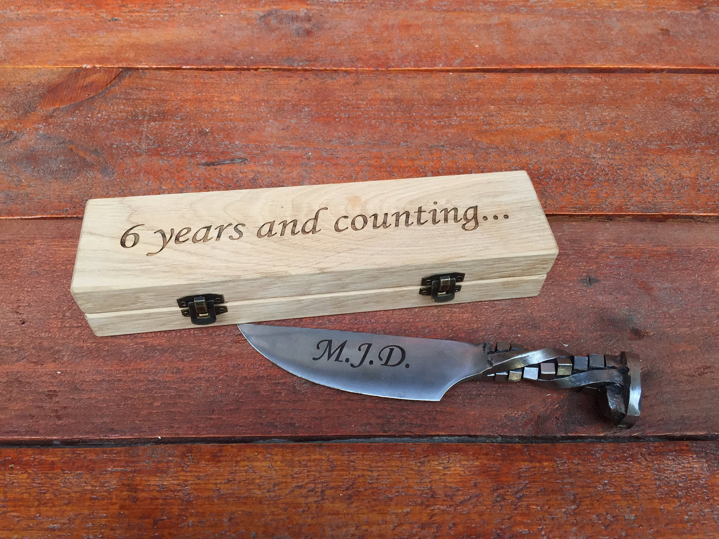 Railroad spike knife in engraved casket/wooden box, iron anniversary gift for him, 6 year anniversary gift for him, industrial art,iron gift
