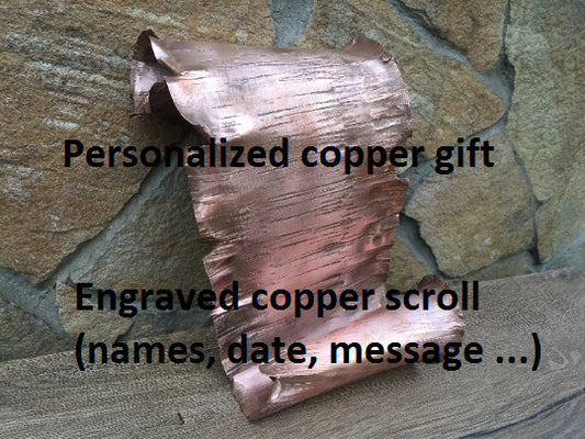 Copper scroll, 7th anniversary, copper gifts, 7 year anniversary,personalized certificates,gift certificate,copper gift idea,engraved copper