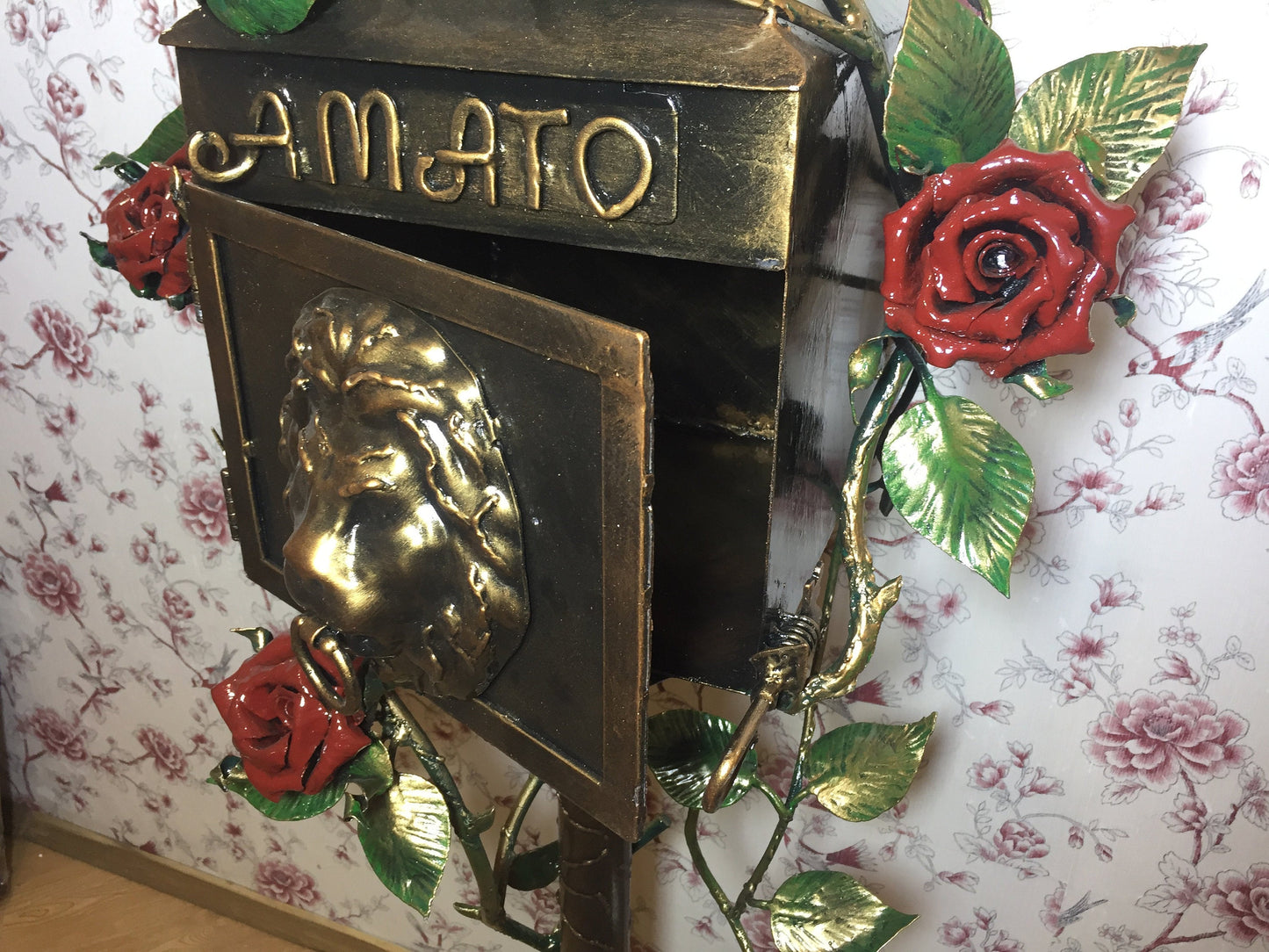 Mail box, locking box, mailbox post, mailbox, post box, letter box, lock box, metal rose,iron lion,6th anniversary,iron anniversary,yard art