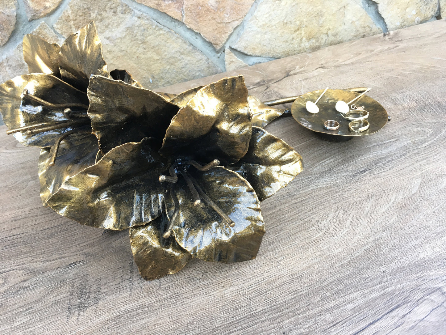 Iron ring dish, iron anniversary gift for her, wedding rings holder, jewelry storage, lily flowers, bouquet of flowers,forged lily,iron rose